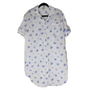 Bonsoir‎ 100% Cotton Nightshirt Short Sleeve White Blue Floral Button Front Sz L